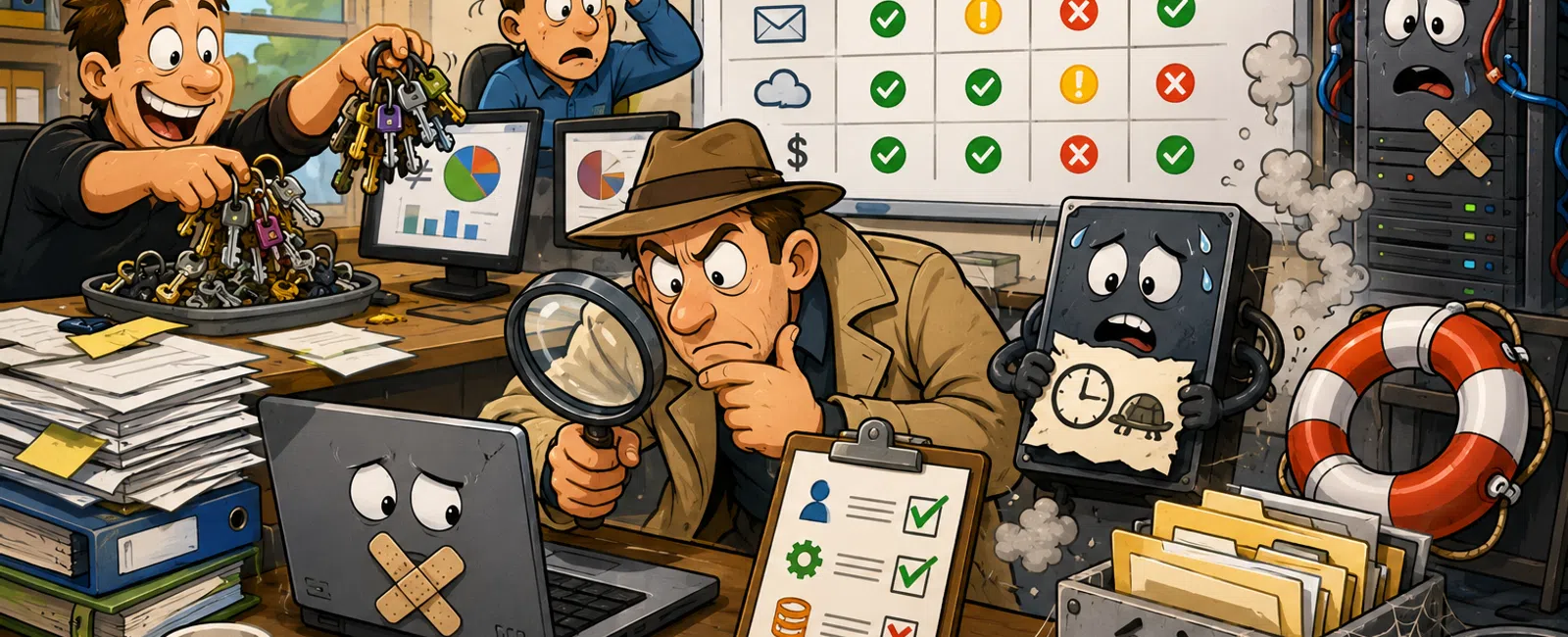 Cartoon scene of frustrated IT workers diagnosing server and data issues with anxious computer devices and charts.
