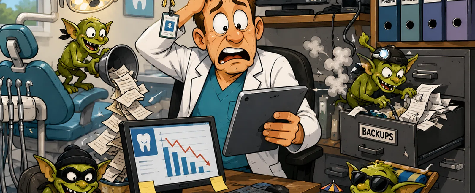 Stressed dentist surrounded by mischievous goblins causing data loss and office chaos in dental clinic.