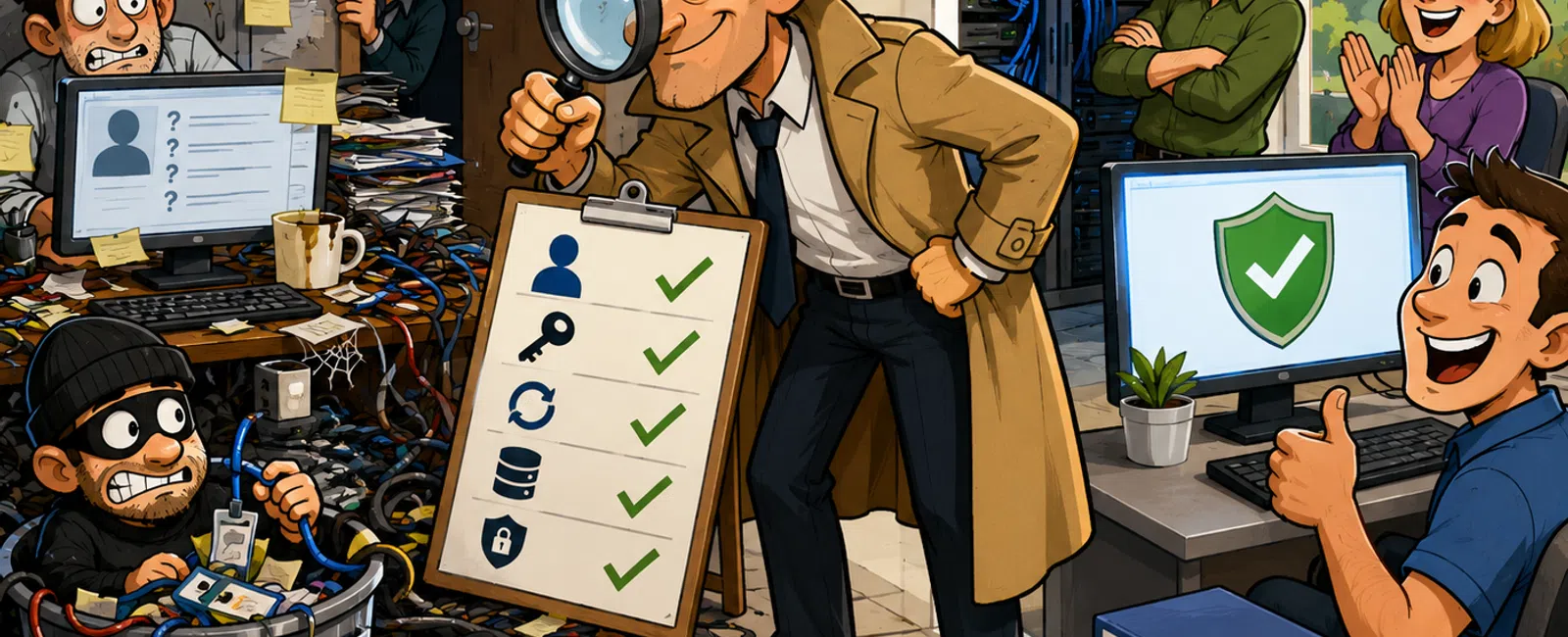 Detective inspects secure office with happy team and captured hacker hiding in messy corner tangled in cables.