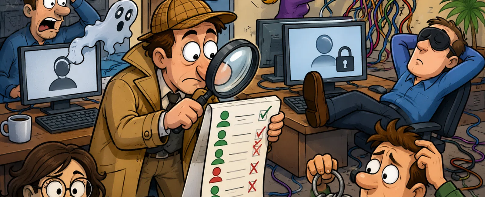 Detectives investigating cybersecurity breach with keys, locked screens, tangled wires, and worried tech team in chaotic office.