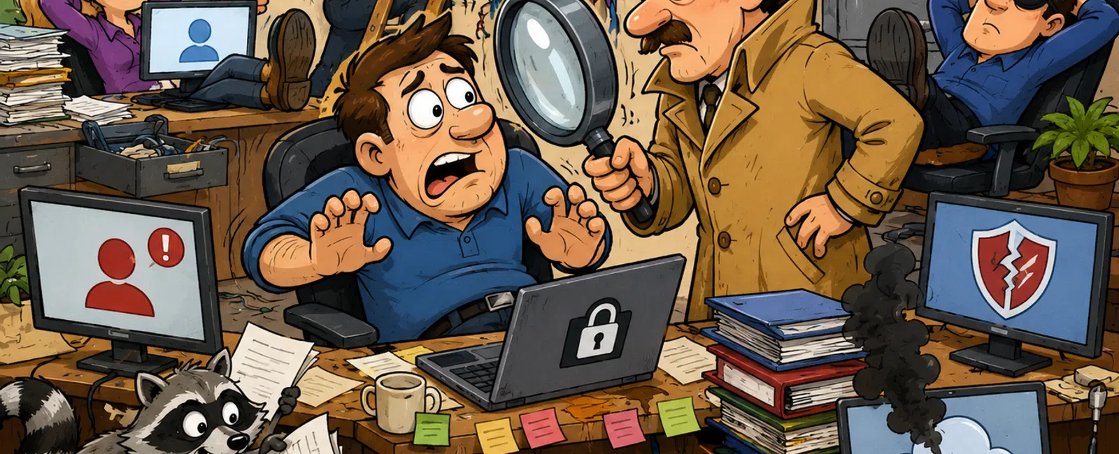Busy office scene with chaotic wires, stressed workers, a detective with magnifying glass, and a raccoon causing trouble.