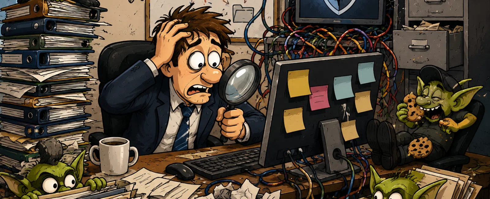 Frustrated man with a magnifying glass in a cluttered office while gremlins cause chaos around computer and files.