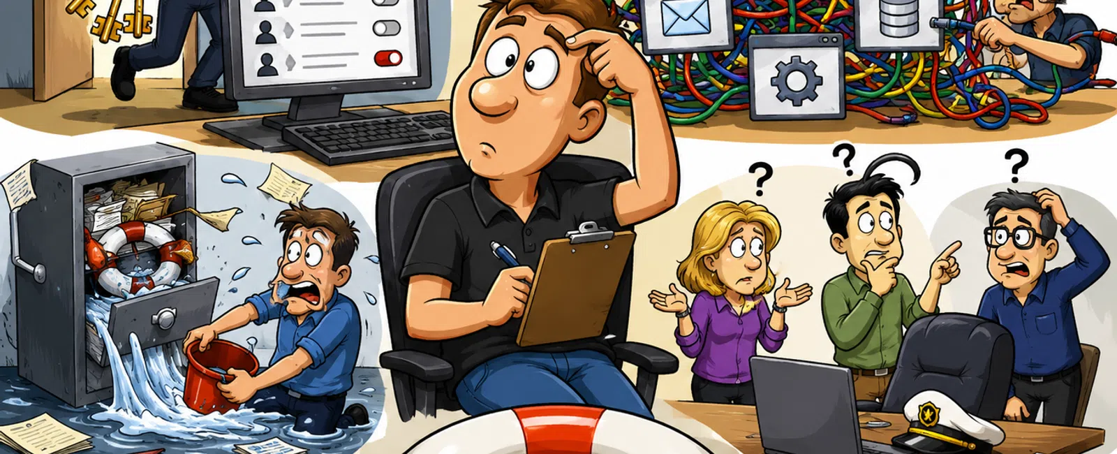 Cartoon showing cybersecurity challenges like hacking, data breach, tangled wires, and confused team planning protection.