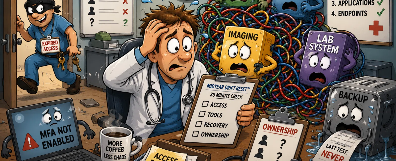 Stressed IT professional faces tangled medical systems and overdue security tasks with a former employee breach.