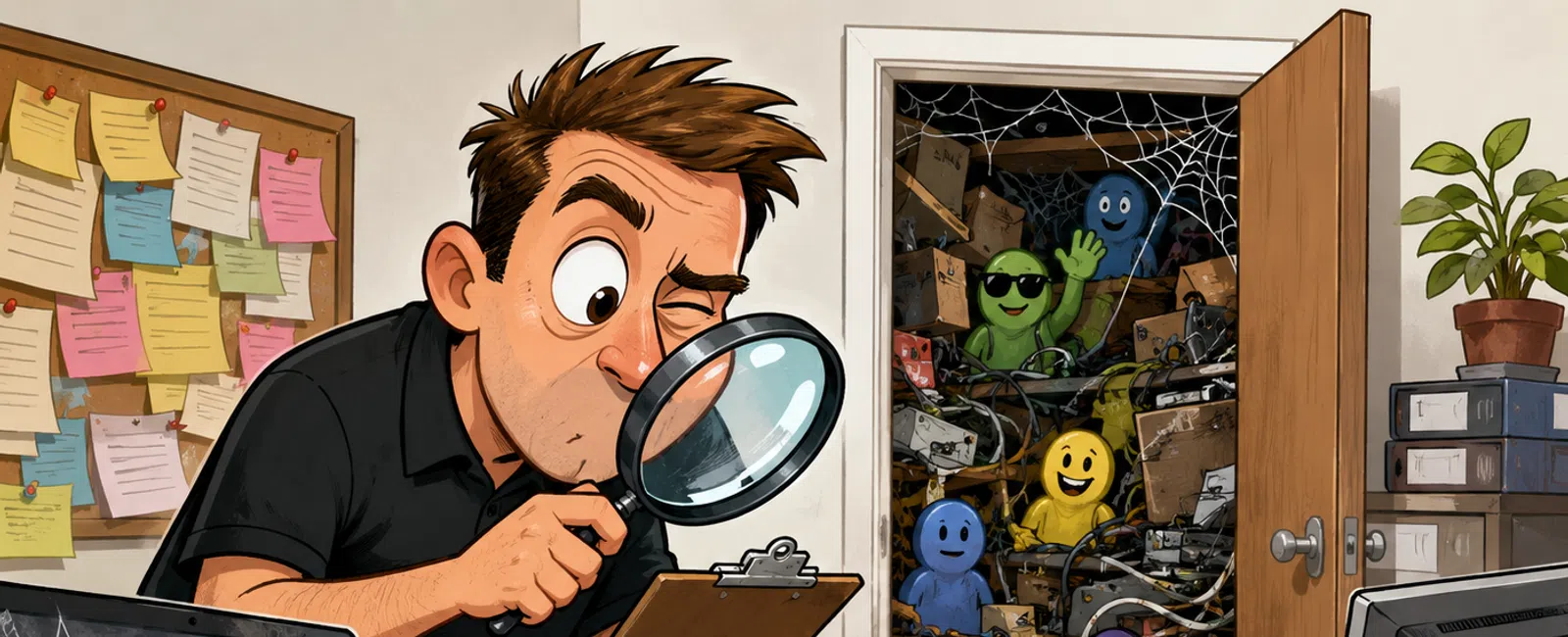 Man inspecting colorful emoticons and tangled cables on desk with cluttered storage room and cobwebs in background.