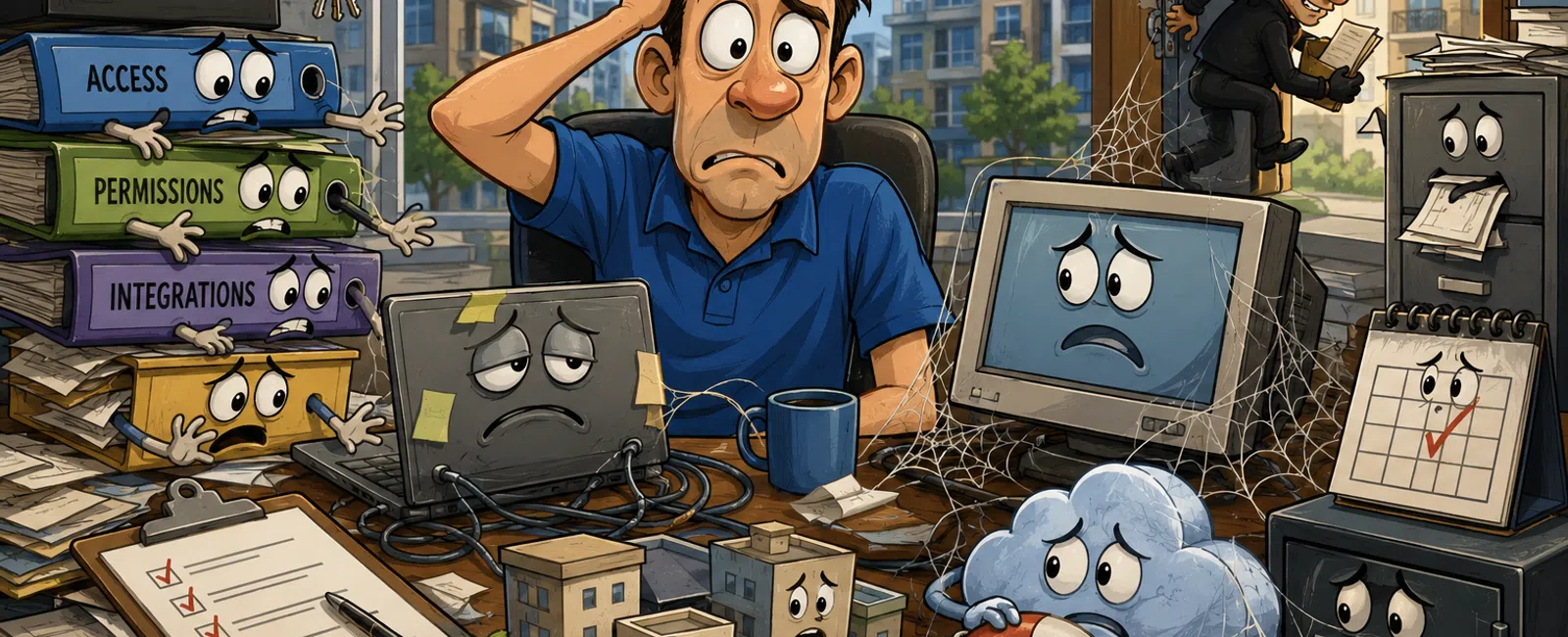Stressed man overwhelmed by chaotic files, sad devices, and a sneaky thief in an office environment, symbolizing data risk.