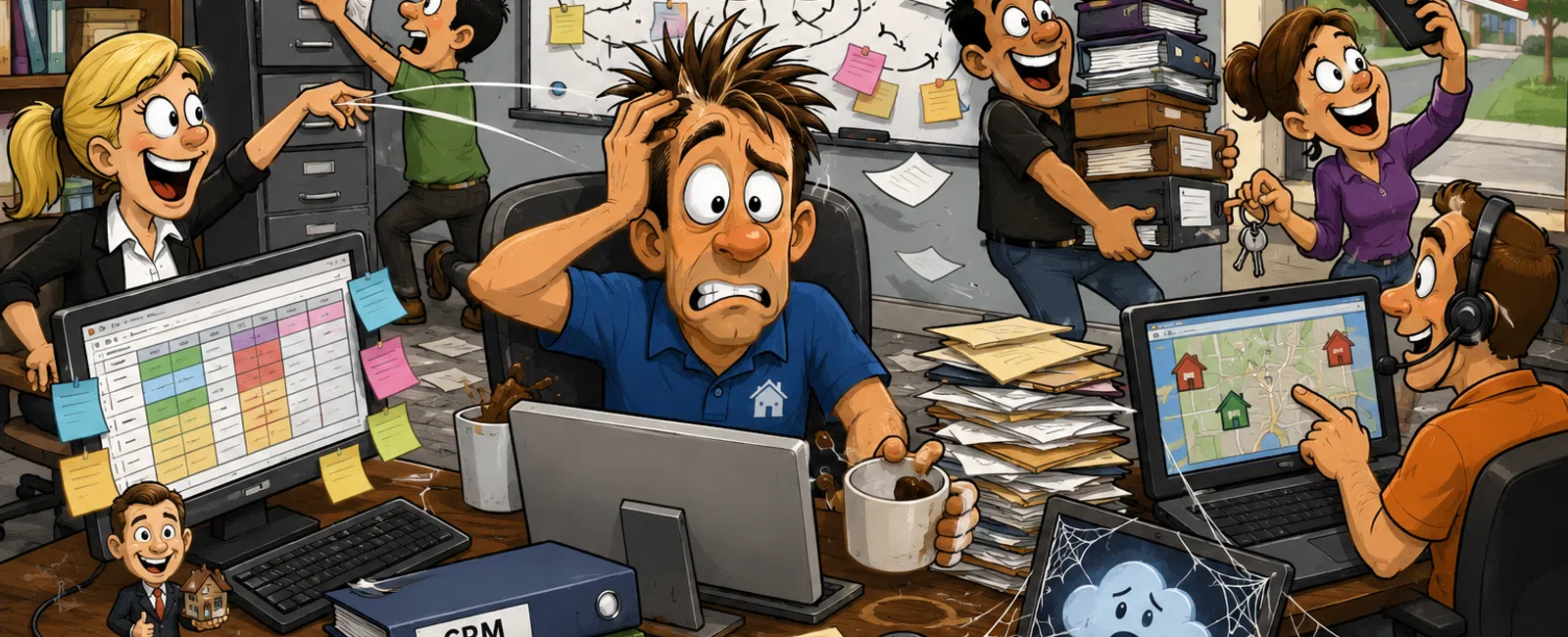 Busy real estate office with stressed agent multitasking amid paperwork, computer screens, and sold house celebration.