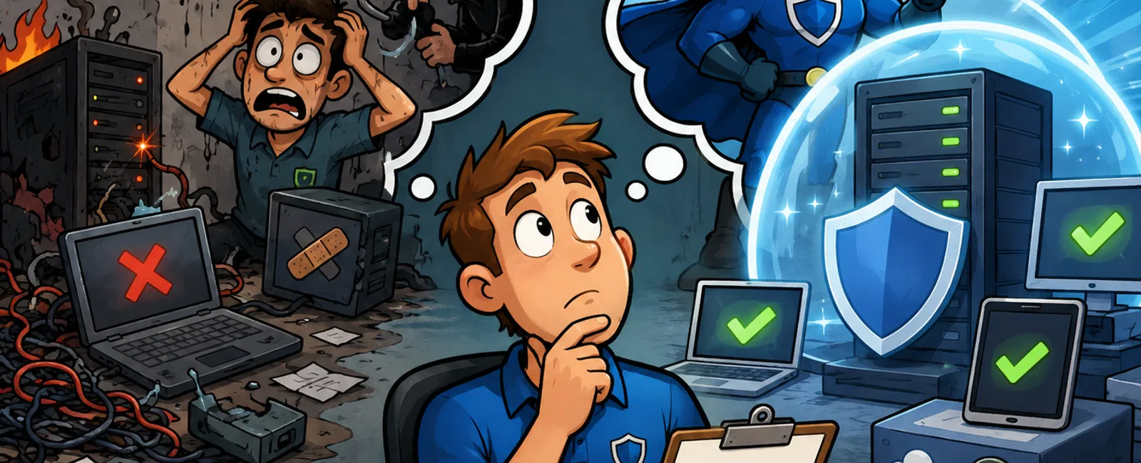 Man evaluating cybersecurity risks with visual contrasts of hacked devices and secure protected systems in his thoughts.