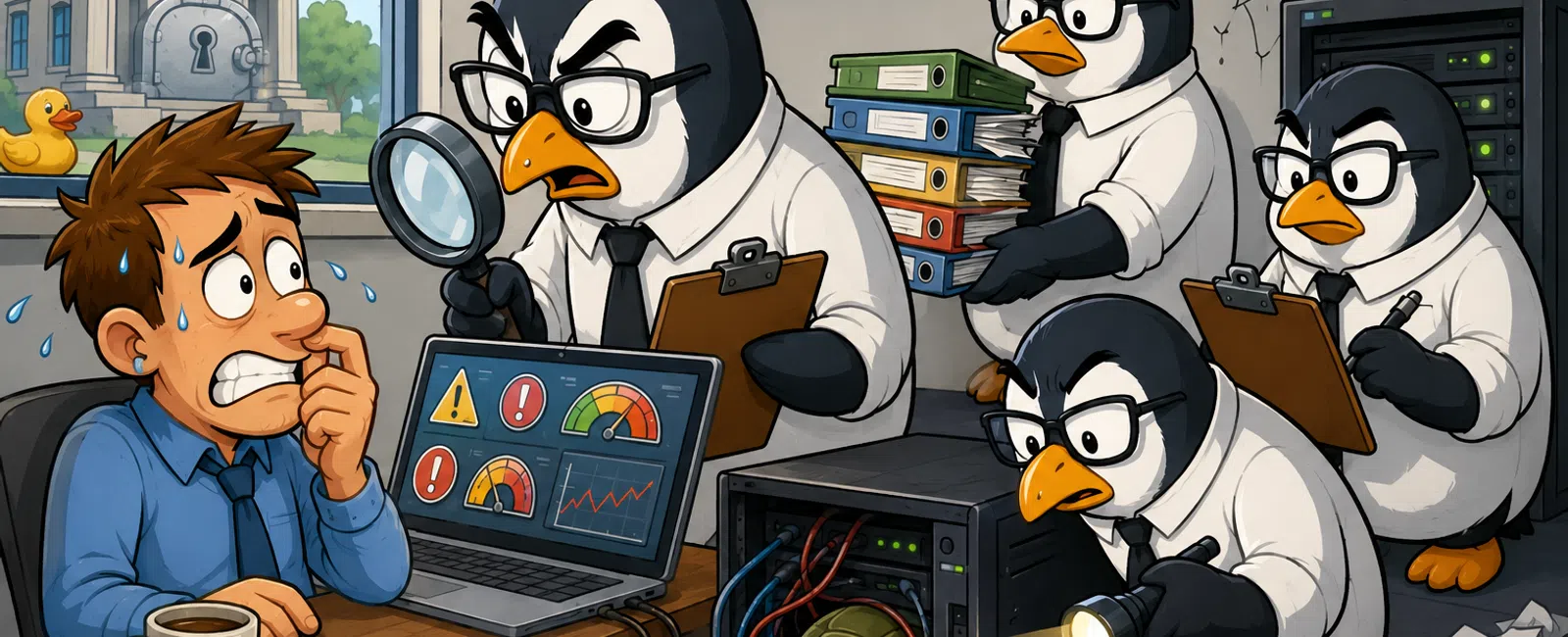 Stressed man being investigated by penguins in office, finding a turtle bug in computer server with graphs on laptop screen