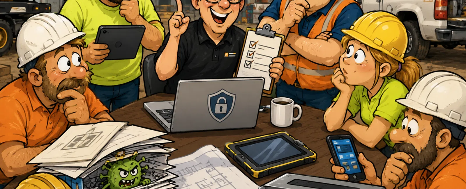 Construction workers and safety expert discuss cybersecurity and virus threats at a busy building site.