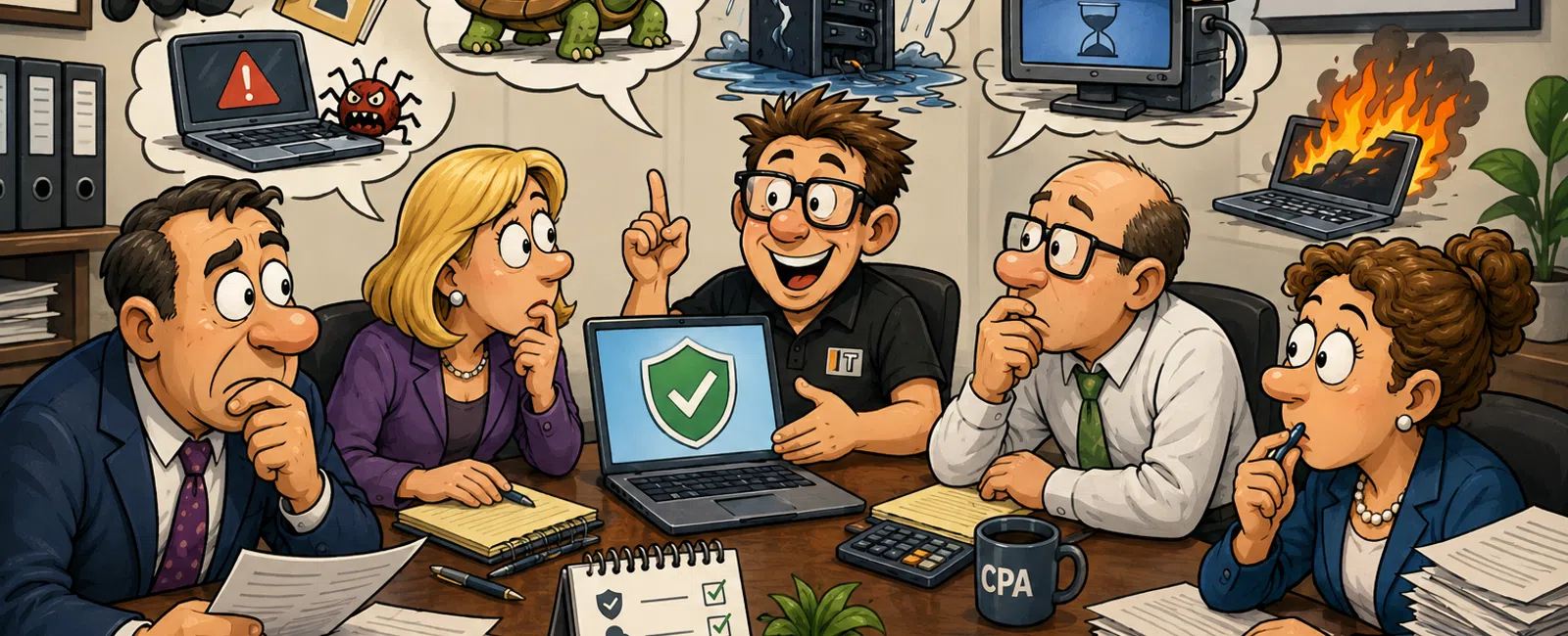 CPA firm team discussing cybersecurity threats and data protection with IT expert around office table.