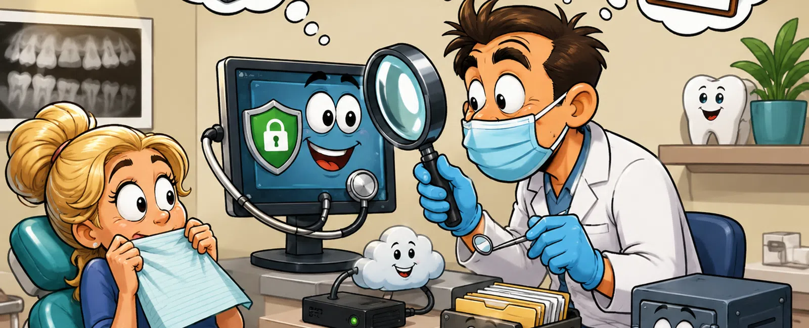 Dentist uses magnifying glass to inspect secure patient file system with digital and physical protection icons.