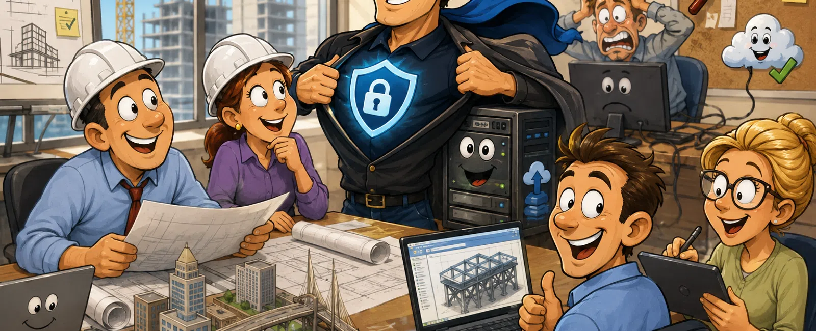 Engineers in hard hats celebrate a cybersecurity hero unveiling a shield on his shirt in a lively office with blueprints and laptops.