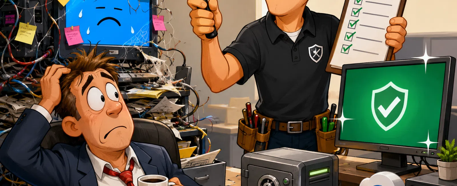 Technician inspects and repairs messy computer setup while system shows error and secure system check completes.