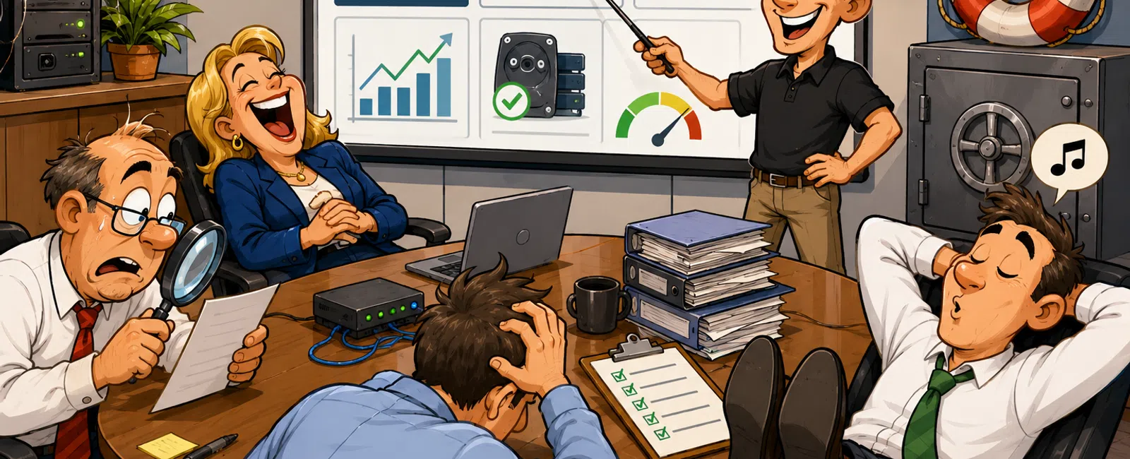 Cartoon office scene with animated coworkers reacting differently to a data security presentation in a meeting room.