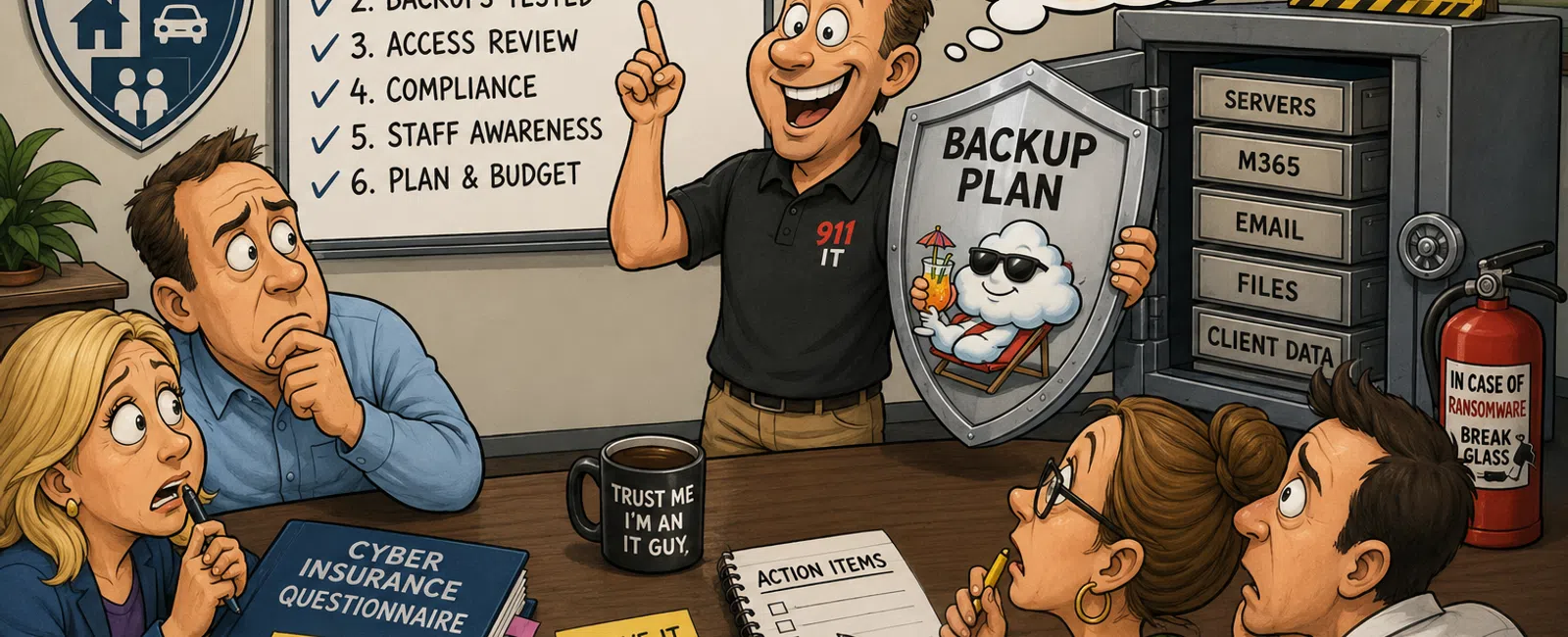 Illustration of an IT quarterly review meeting covering security risks, backups, compliance, and staff awareness.