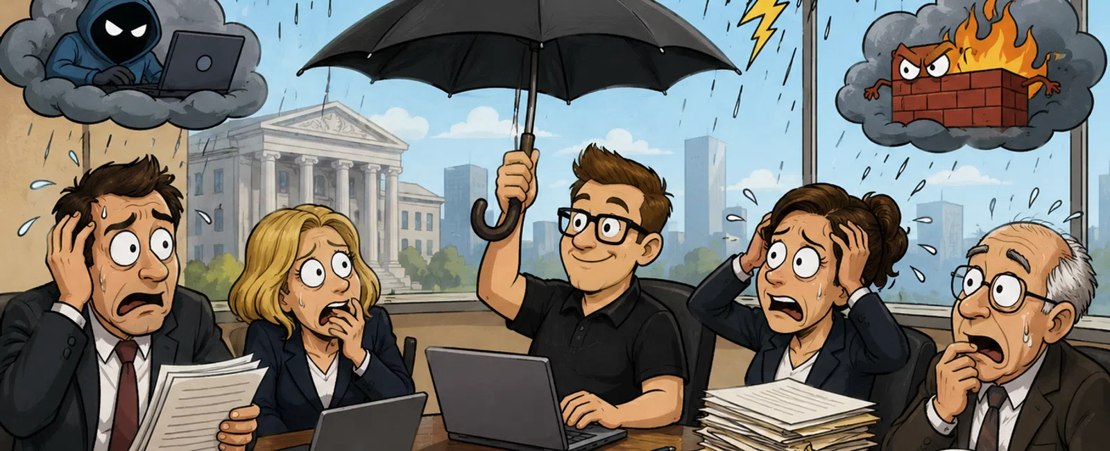 Man holding umbrella protecting from threats like virus, hackers, and firewall as stressed colleagues watch in office.
