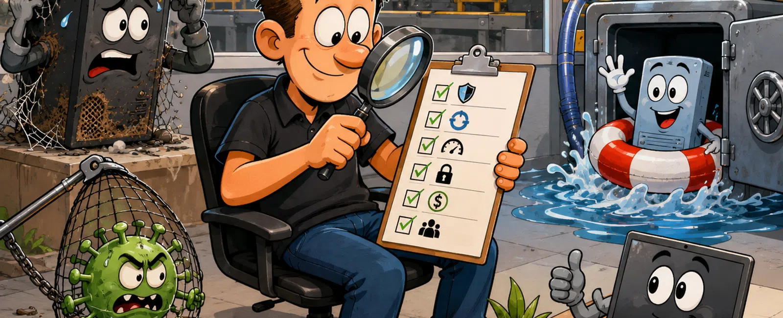 Man inspects checklist with magnifying glass as old and new computer devices behave differently in factory setting.