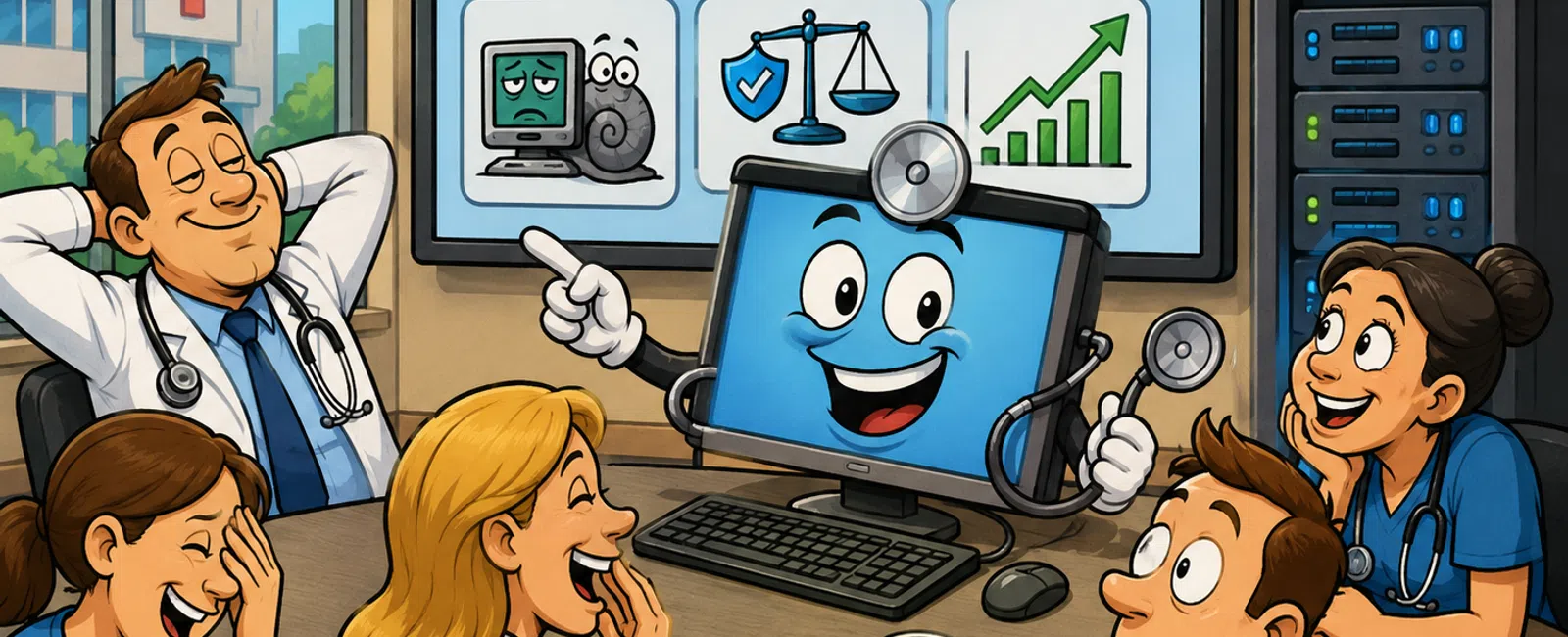 Doctors laughing in hospital meeting with a cheerful animated computer explaining medical data on screen.