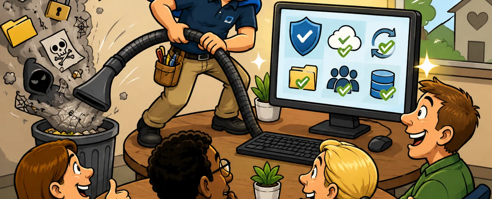 Person vacuuming digital threats into trash as team sees computer showing secure and clean system icons.