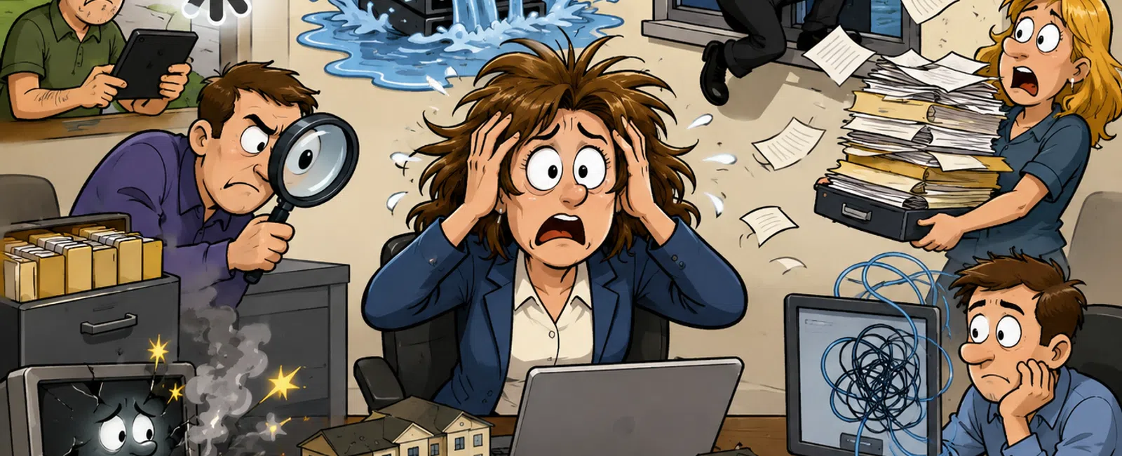 Stressed office workers deal with computer crashes, data leaks, theft, and overwhelming paperwork in a chaotic workspace.