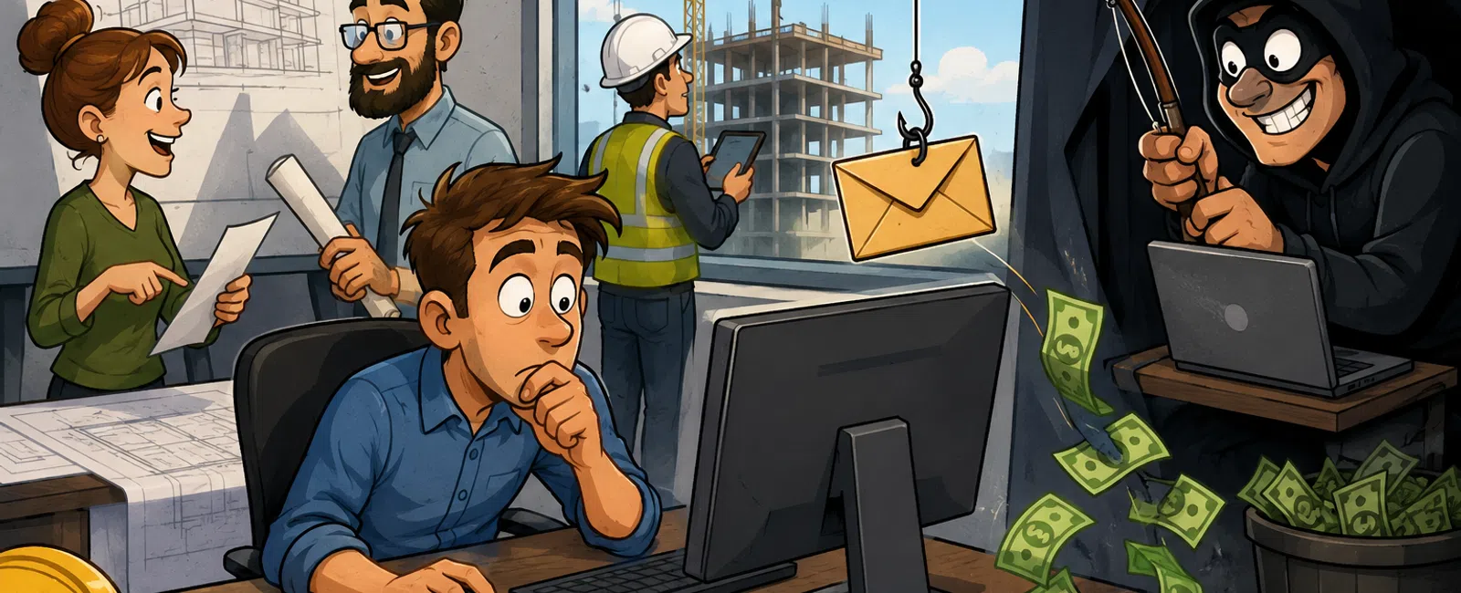A worried architect at desk targeted by a hacker using phishing with money falling into a hole, while colleagues discuss plans.