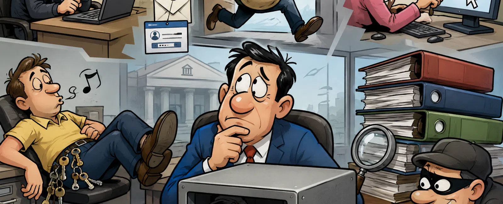 Cartoon showing various cybercrime threats including hacking, theft, phishing, and weak security in a bank office.