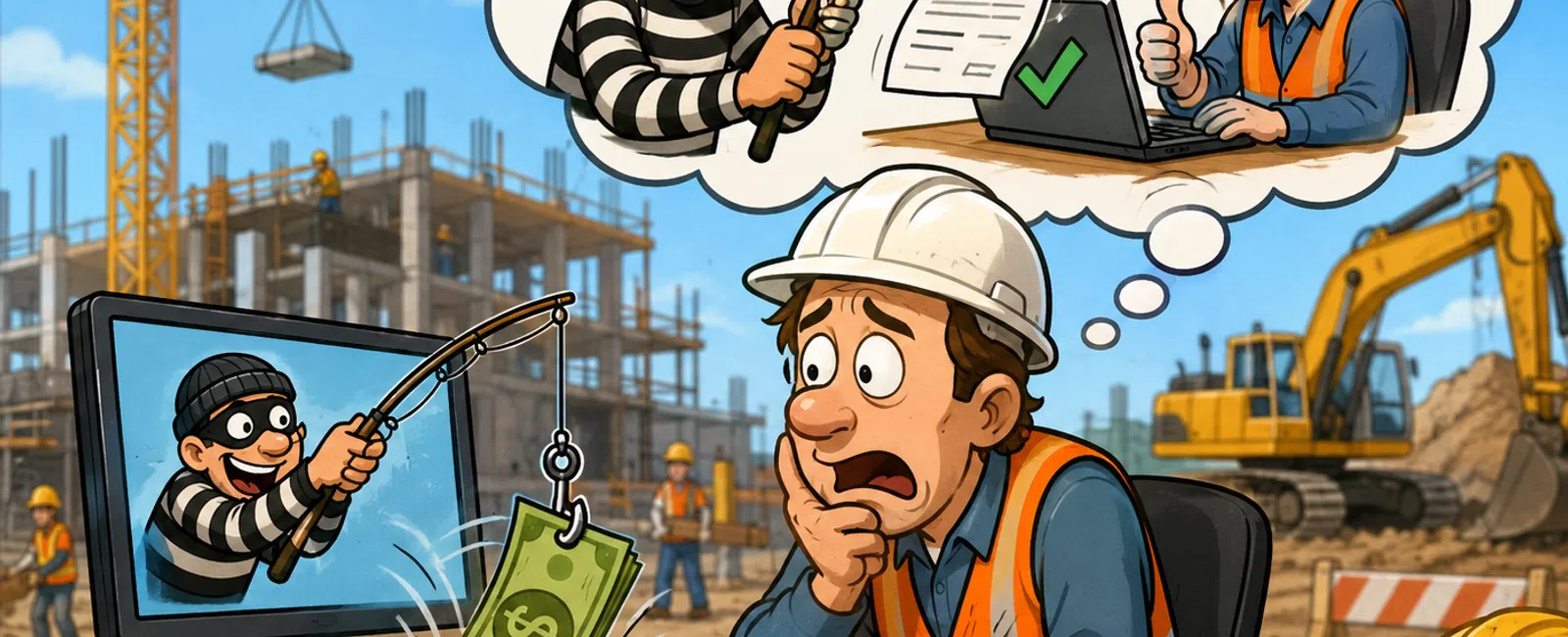 Construction worker gets phishing scam with money bait from a hacker fishing from a computer at a building site office.