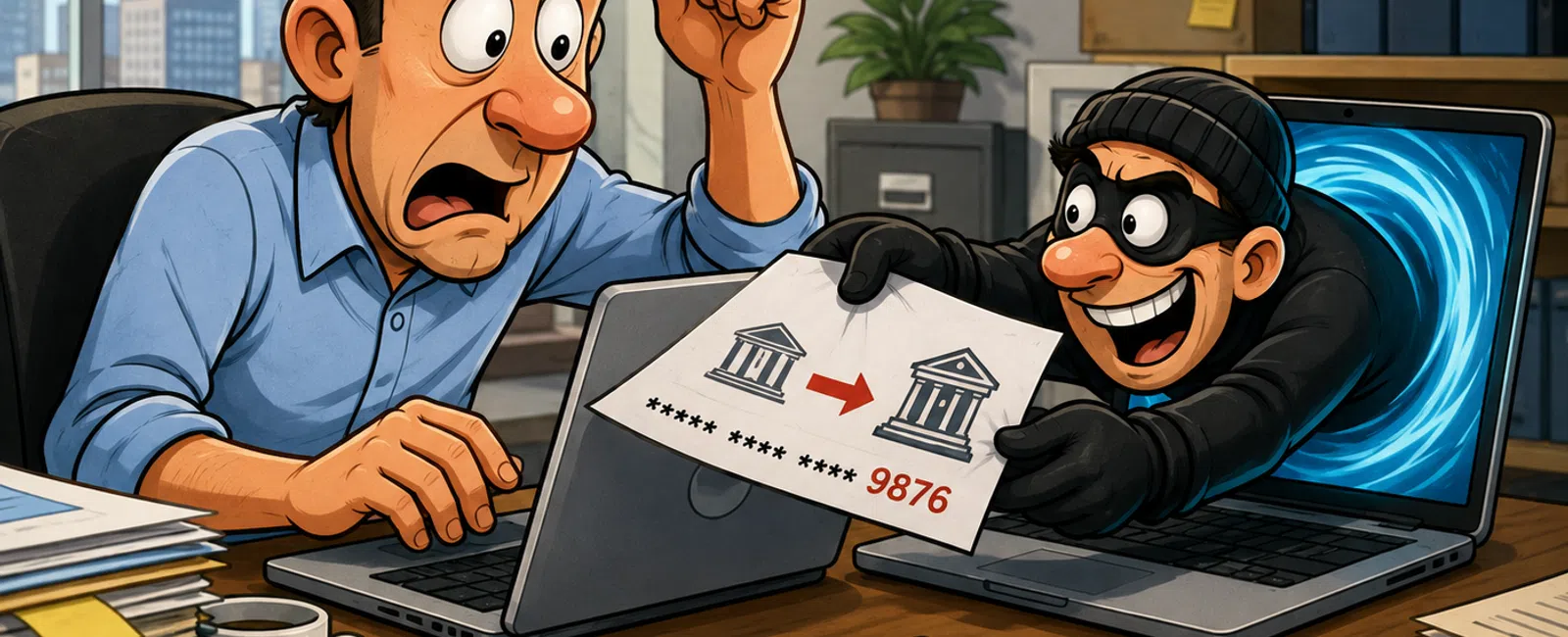 Shocked man in office being tricked by hacker emerging from laptop holding bank transfer document.