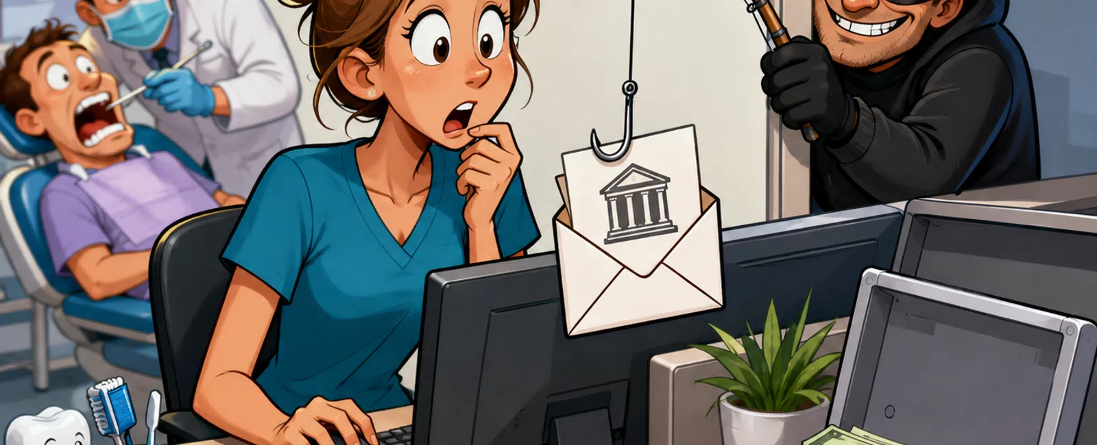 Dentist office employee shocked by phishing email scam while thief steals money from safe nearby.
