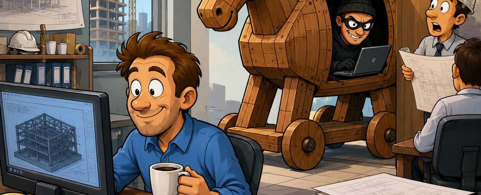 Engineer working at desk unaware of hacker inside wooden Trojan horse in office with construction plans