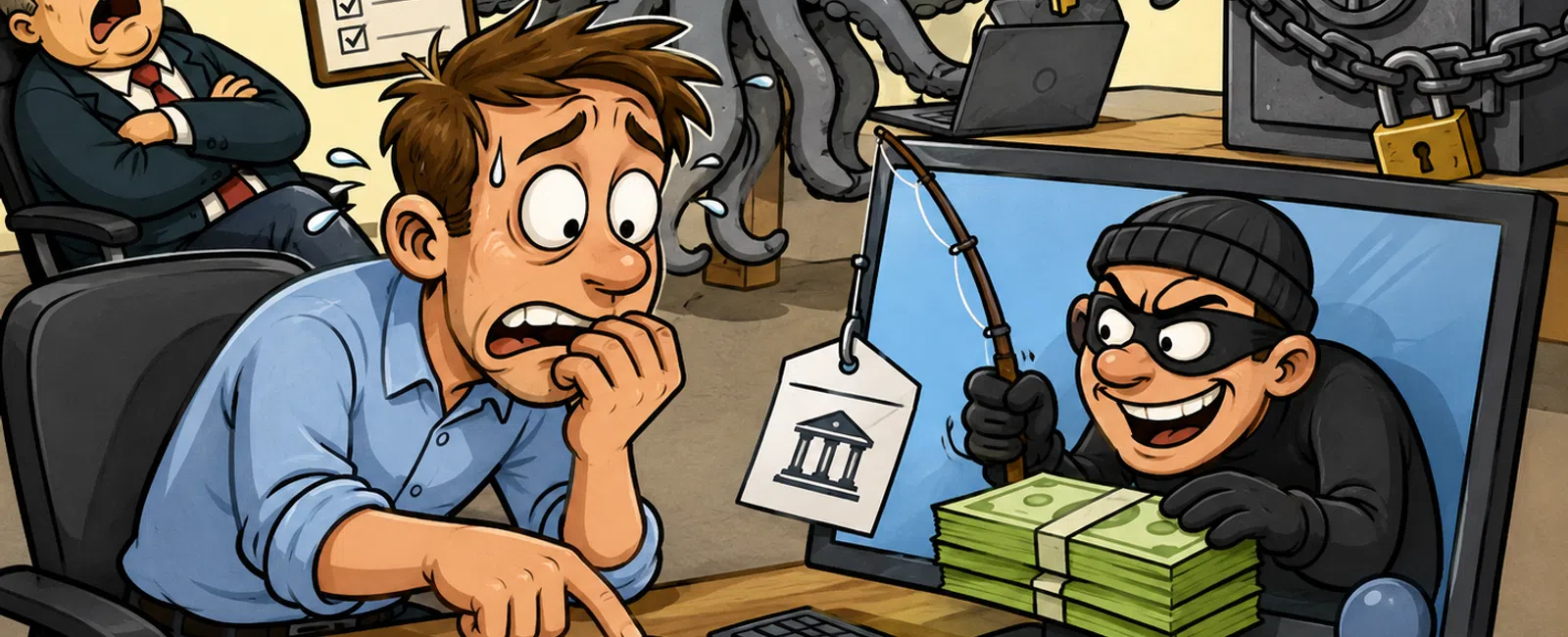 Worried man pressing red button to stop online thief stealing money via fishing scam on computer screen.