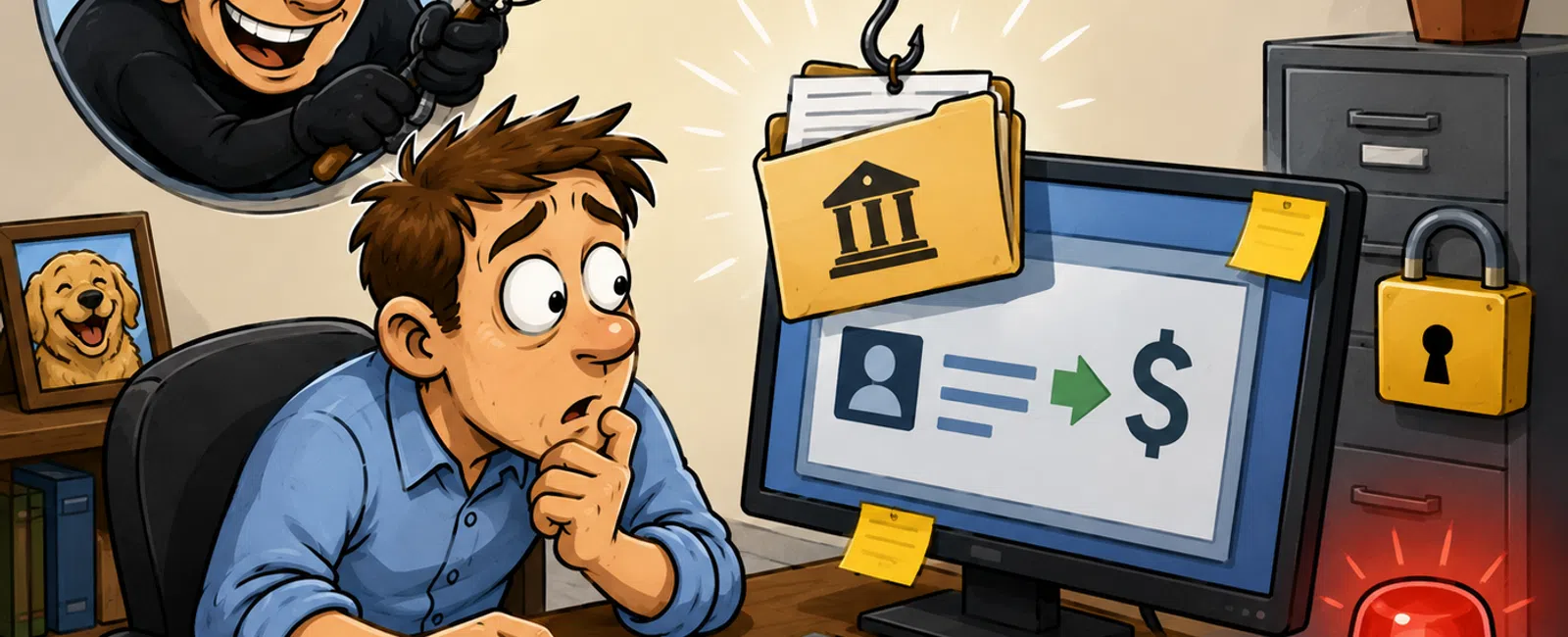 Man at computer shocked as thief uses fishing rod to steal bank documents online in phishing scam.