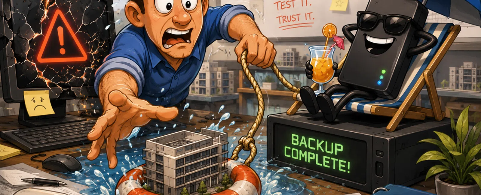 Stressed man tied to a floating building as a phone with sunglasses relaxes on backup device showing Backup Complete message.