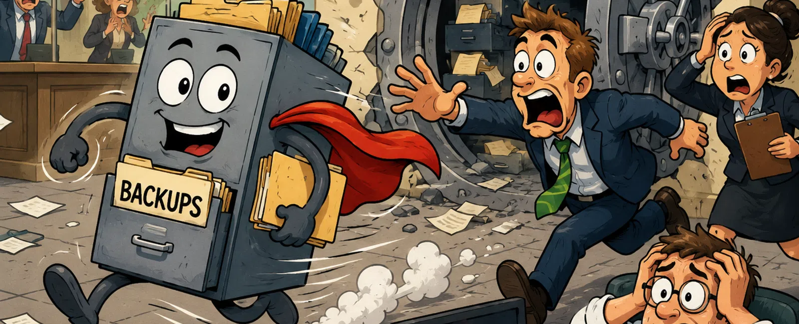 Animated backup file cabinet with a red cape escaping a broken bank vault, while panicked office workers react.
