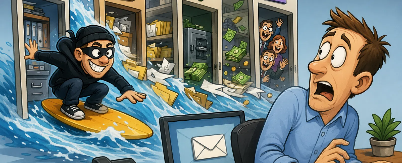 Cartoon thief surfing on a wave of files and money rushing from office folders while man at desk looks shocked.