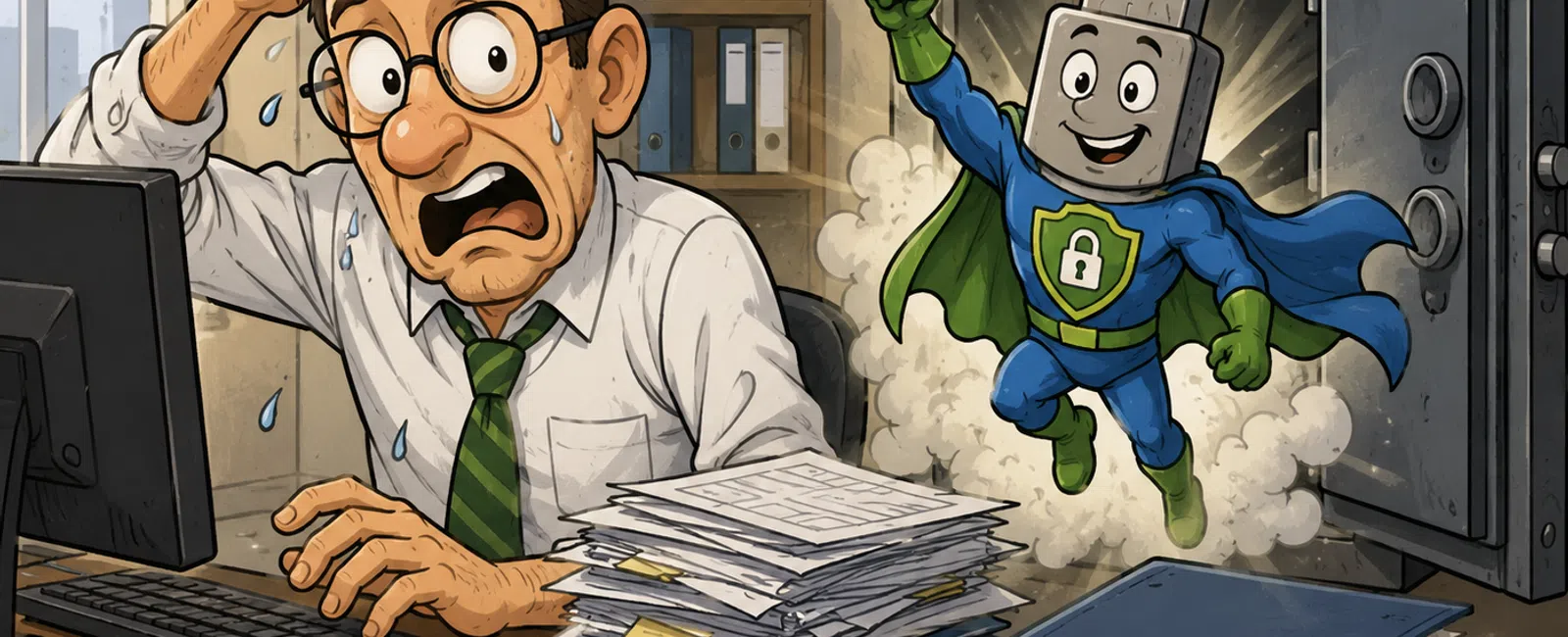 Stressed office worker sweats at messy desk as superhero USB drives security from safe in office setting.