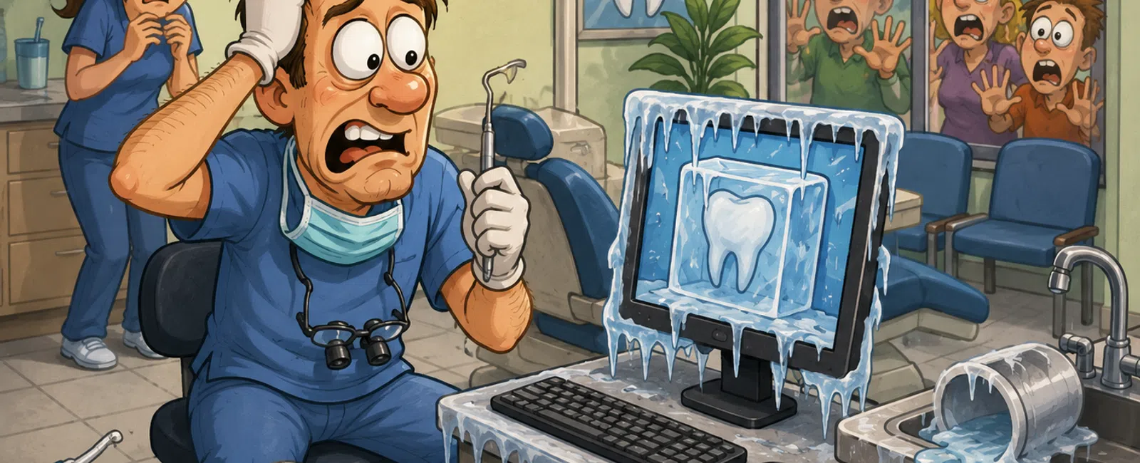 Cartoon dentist and assistant shocked by frozen dental office and computer covered in ice and icicles.