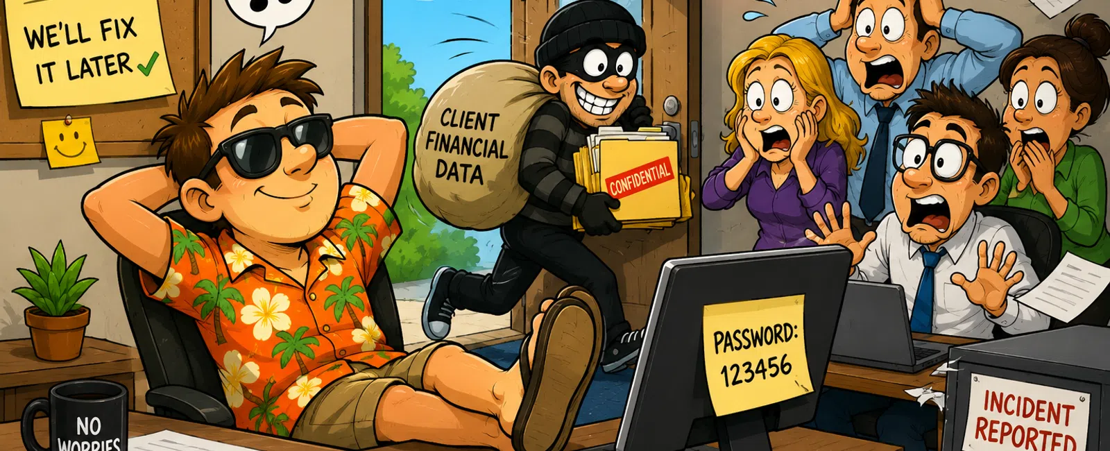 Careless office worker ignores security while thief steals client financial data, causing panic and data breach alert.