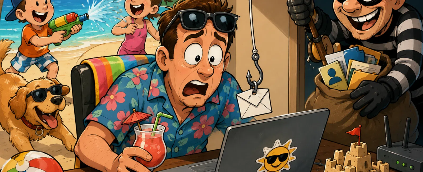 Man shocked by email phishing while kids play outside beachside with dog, thief stealing data in background.