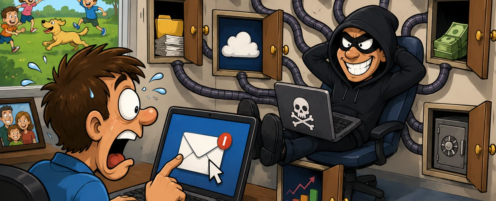 Worried man detects email hack from cybercriminal infiltrating multiple data sources in home office setting.