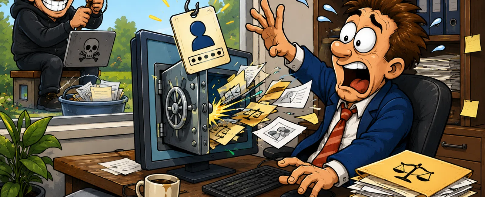 Cartoon of a hacker stealing data from a shocked office worker's computer using phishing hook and safe door.