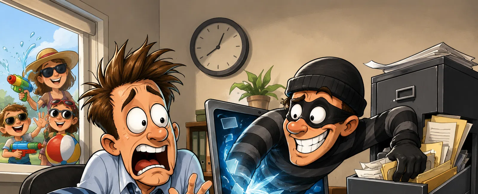 Cartoon of shocked man at laptop as hacker reaches through screen stealing files amid office clutter and kids outside.