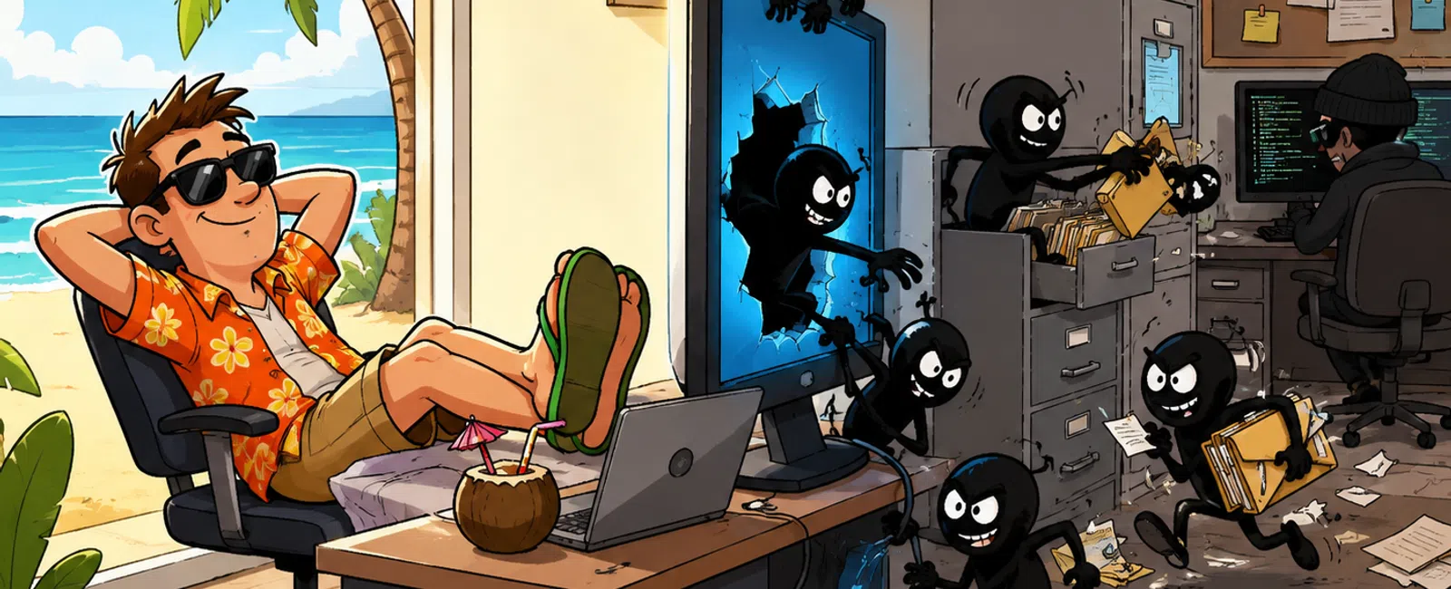 Man relaxes on beach chair while cartoon viruses break through computer screen and steal files in office.