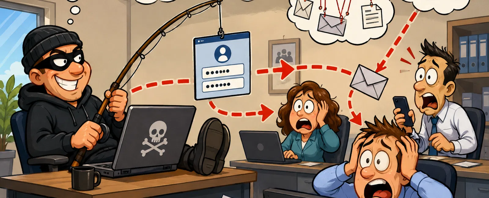 Cartoon showing a hacker using phishing to steal login information and control office workers' emails and files.