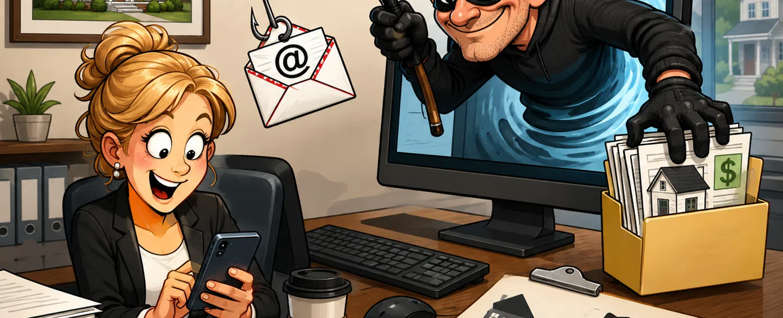 Cartoon woman at desk deceived by masked hacker phishing email to steal house and money digitally.