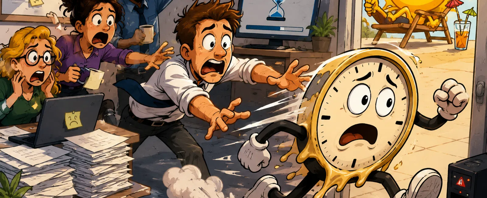 Animated clock with legs running away from office workers toward sunny beach with smiling sun in sunglasses.