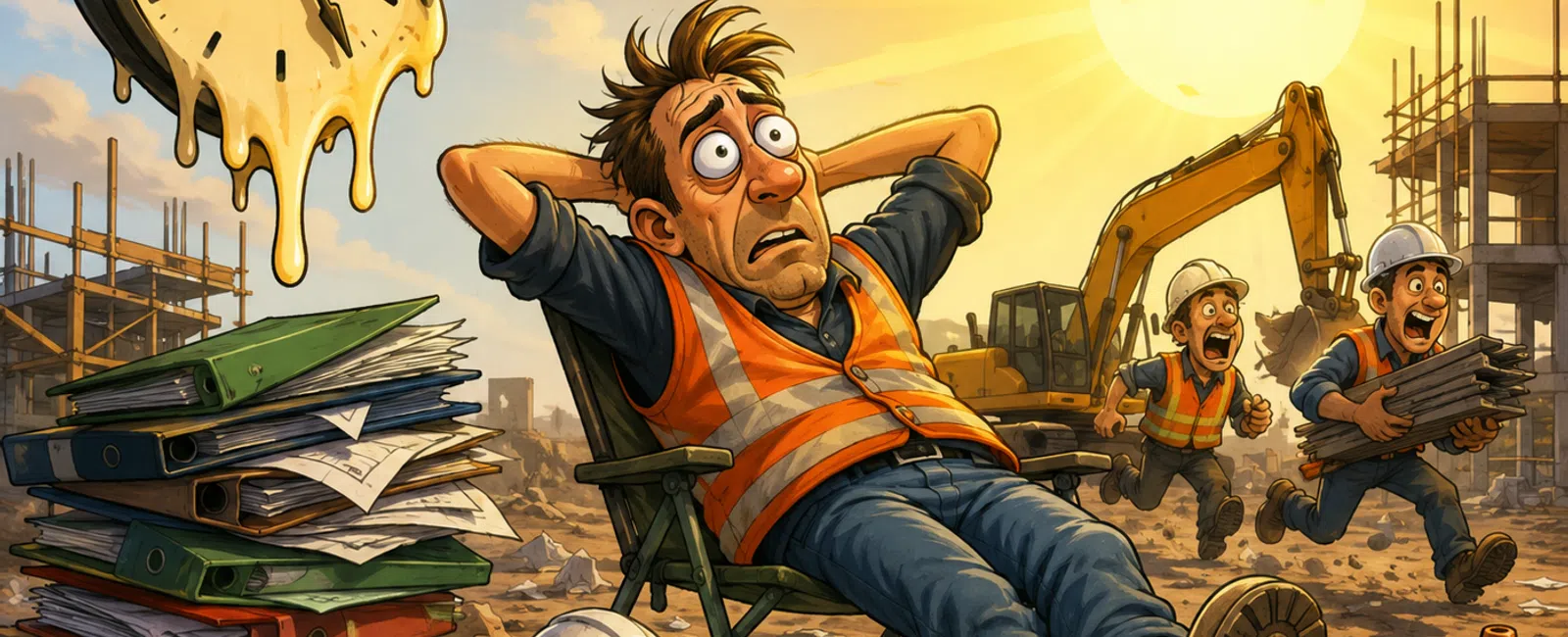 Stressed construction worker sits amid paperwork and melting clock while colleagues rush in under bright sun.