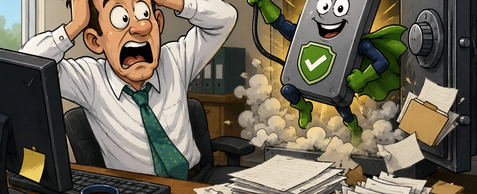 Panicked man at messy desk shocked as a superhero USB drive bursts out of a safe, symbolizing data protection rescue.