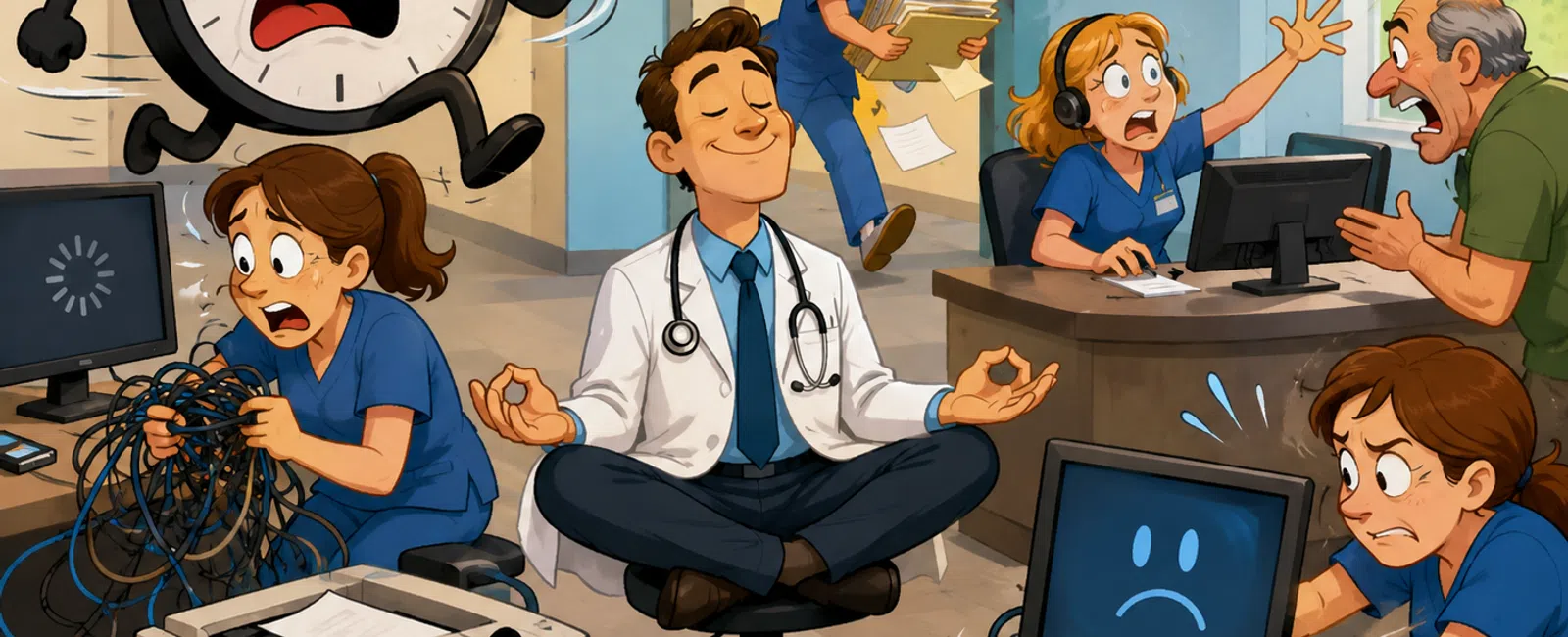 Stressed office with chaotic workers and angry tech devices while a calm doctor meditates amid the chaos.